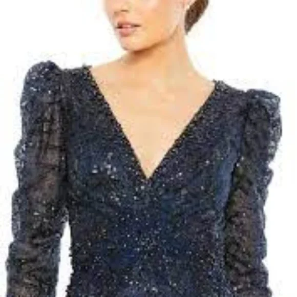 Mac Duggal midnight blue black lace beaded ball gown dress size 12 - Picture 7 of 7